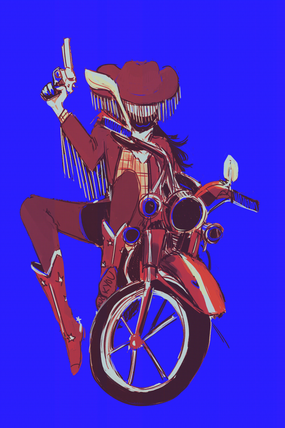 cowboy on a motorcycle, with a pistol.